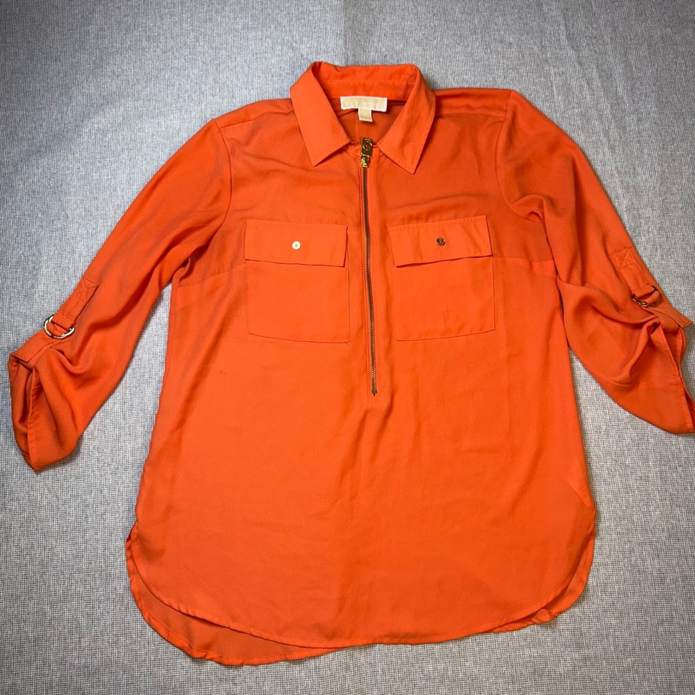Michael Michael Kors Coral/Orange Roll Tab Sleeve Half Zip Blouse Medium